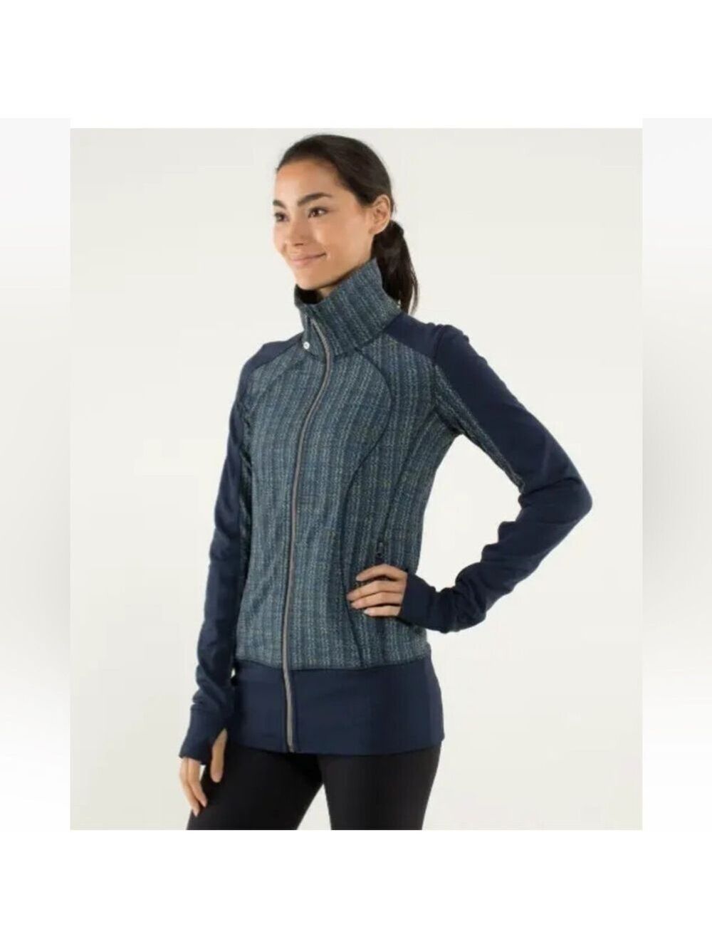 Lululemon Nice Asana Jacket Full Zip Thumbholes Blue Ziggy Wee Inkwell Sz 10?